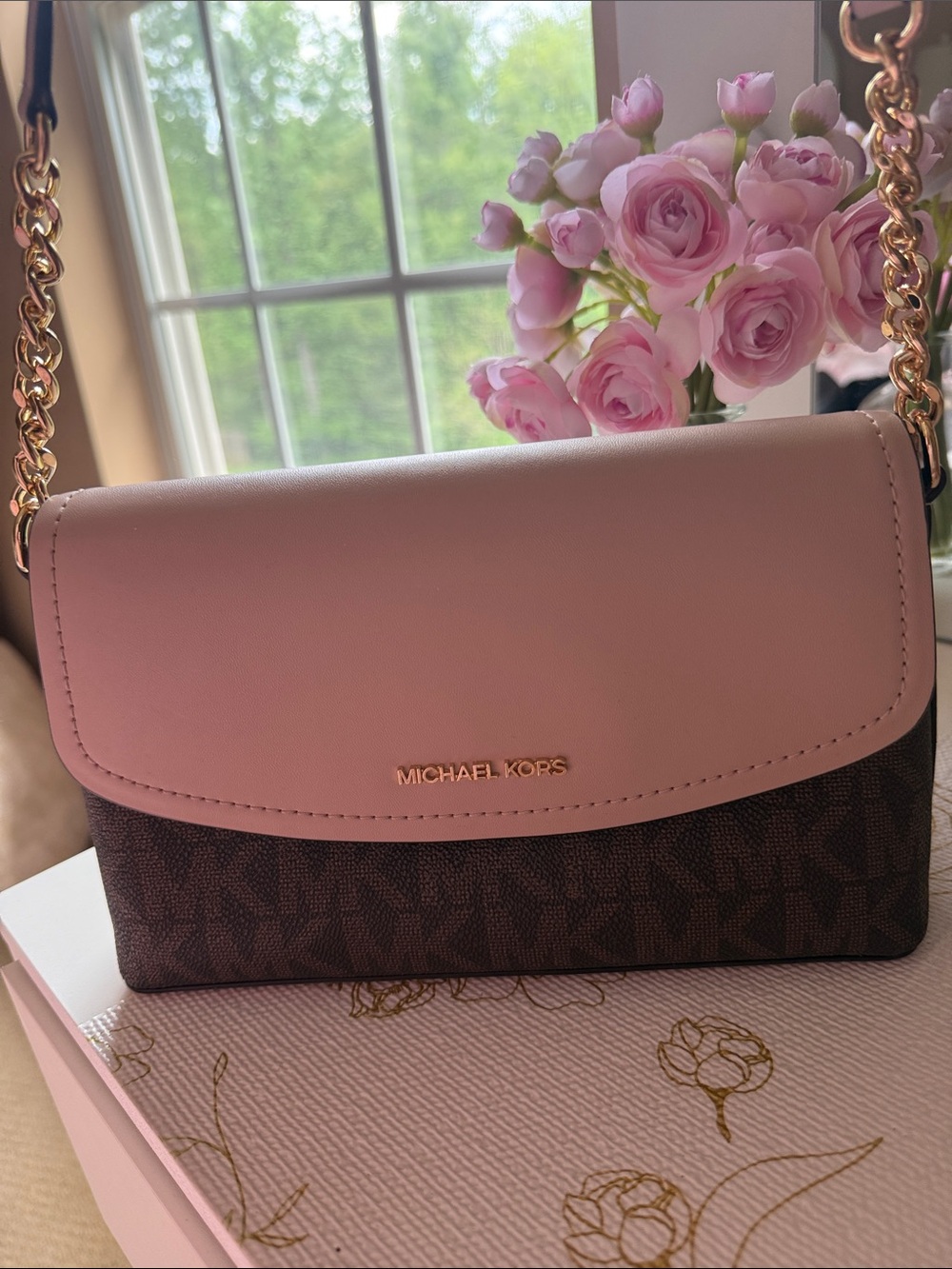 Michael Kors Pink and Brown Signature Crossbody Shoulder Bag
